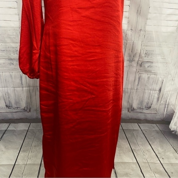 Skies Are Blue Medium One Shoulder Long Sleeve Solid Red Dress Satin Midi Slit - Picture 3 of 12